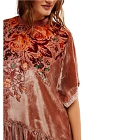 Free People Sweet Echoes Velvet Floral Print Crew Neck Short Sleeve Mini Dress