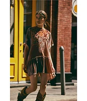 Free People Sweet Echoes Velvet Floral Print Crew Neck Short Sleeve Mini Dress