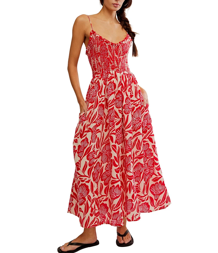Free People Sweet Nothings Floral Print Smocked V-Neck Sleeveless Maxi Dress