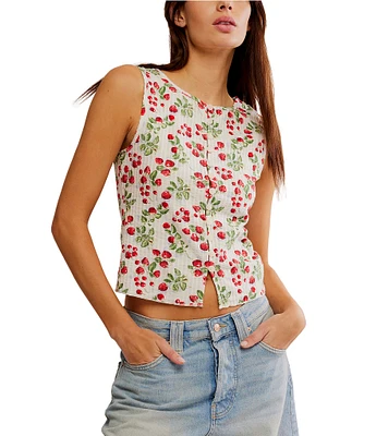 Free People Tilly Fruit Strawberry Printed Boatneck Sleeveless Button Front Vest