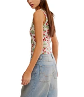 Free People Tilly Fruit Strawberry Printed Boatneck Sleeveless Button Front Vest