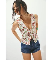 Free People Tilly Fruit Strawberry Printed Boatneck Sleeveless Button Front Vest