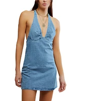 Free People Trevi Denim Sleeveless Plunging Halter Mini Dress