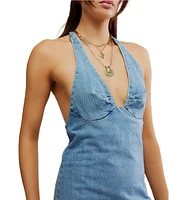 Free People Trevi Denim Sleeveless Plunging Halter Mini Dress