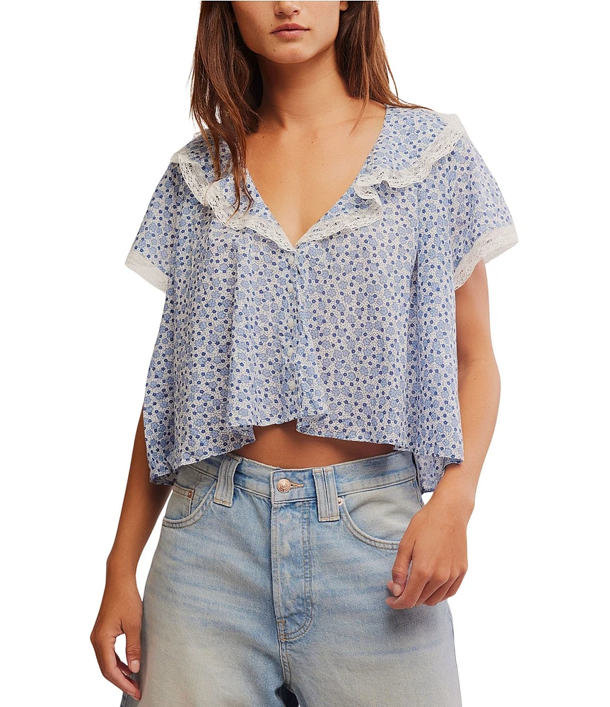 Free People Truly Yours Floral Print Split V Neck Short Sleeve Blouse