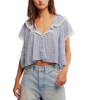 Free People Truly Yours Floral Print Split V Neck Short Sleeve Blouse