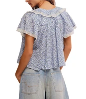 Free People Truly Yours Floral Print Split V Neck Short Sleeve Blouse