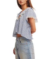 Free People Truly Yours Floral Print Split V Neck Short Sleeve Blouse