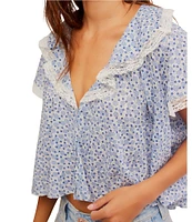 Free People Truly Yours Floral Print Split V Neck Short Sleeve Blouse
