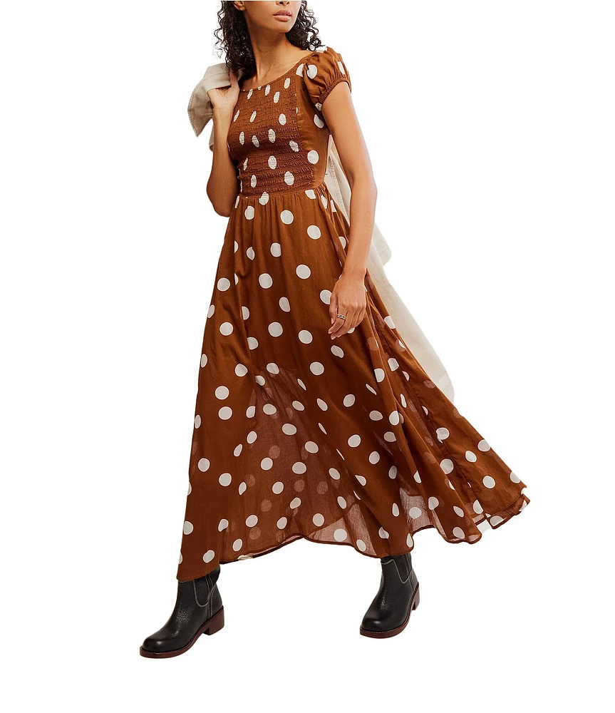 Free People Ultraviolet Polka Dot Print Scoop Neck Short Sleeve Maxi Dress