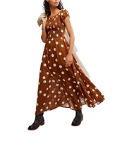 Free People Ultraviolet Polka Dot Print Scoop Neck Short Sleeve Maxi Dress