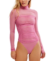 Free People Under It All Sheer Mesh Mock Neck Long Sleeve Thong Bodysuit