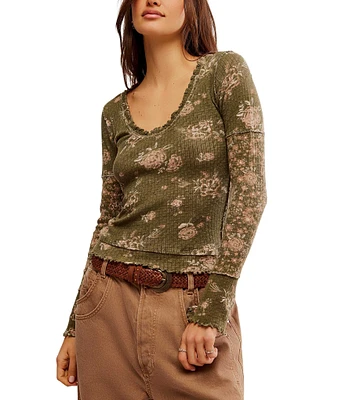 Free People We The Free Clover Soft Cotton Floral Print Scoop Neck Long Sleeve Thermal Top