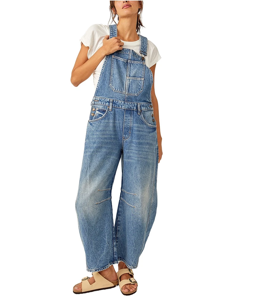 Free People We The Free Good Luck Denim Square Neck Barrel Leg Overalls