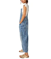 Free People We The Free Good Luck Denim Square Neck Barrel Leg Overalls