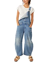 Free People We The Free Good Luck Denim Square Neck Barrel Leg Overalls