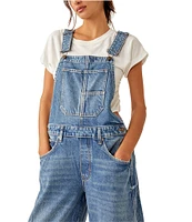 Free People We The Free Good Luck Denim Square Neck Barrel Leg Overalls