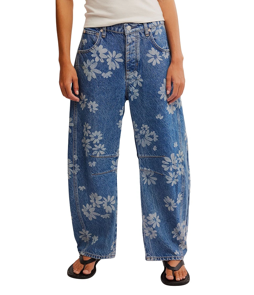 Free People We The Free Good Luck Floral Printed Mid Rise Barrel Jeans