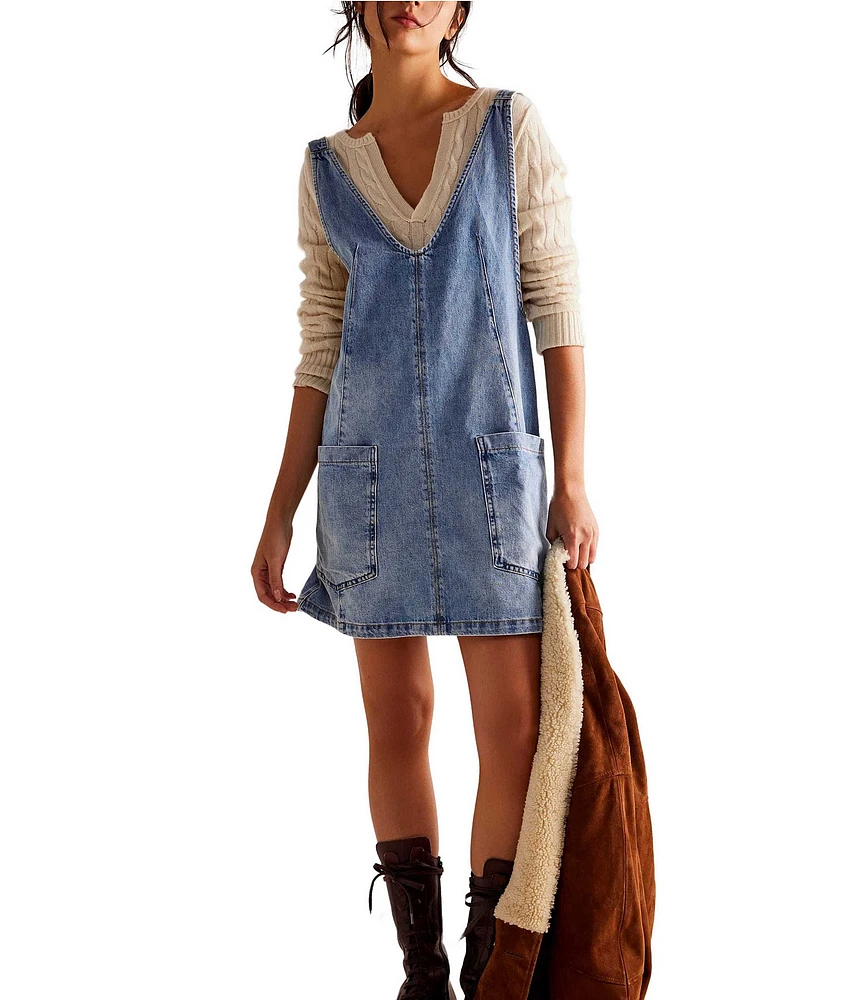 Free People We The Free High Roller Denim Scoop Neck Sleeveless Overall Dress