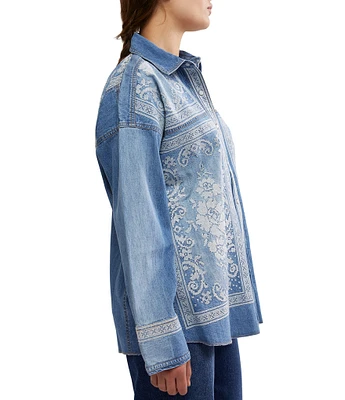 Free People We The Free Lace Embroidered Denim Point Collar Neck Long Sleeve Button Front Top