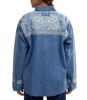 Free People We The Free Lace Embroidered Denim Point Collar Neck Long Sleeve Button Front Top