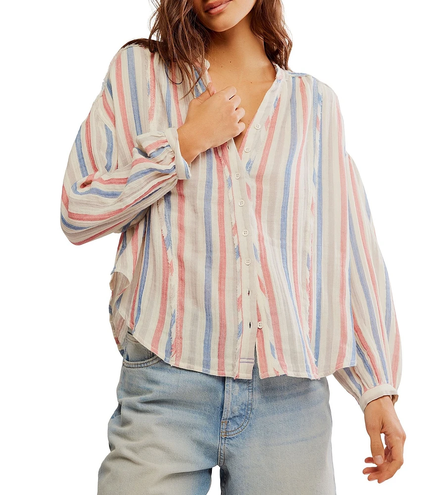 Free People We The Free Striped Valley Double Cloth Banded Collar Long Sleeve Shirt