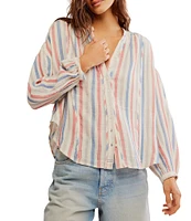 Free People We The Free Striped Valley Double Cloth Banded Collar Long Sleeve Shirt
