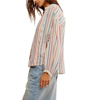 Free People We The Free Striped Valley Double Cloth Banded Collar Long Sleeve Shirt