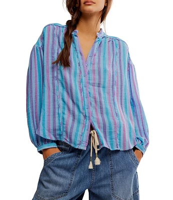 Free People We The Free Striped Valley Double Cloth Banded Collar Long Sleeve Shirt