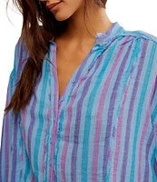 Free People We The Free Striped Valley Double Cloth Banded Collar Long Sleeve Shirt