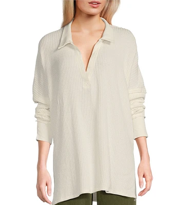 Free People We The Free Travis Polo Waffle Knit V-Neck Collar Neck Long Sleeve Top