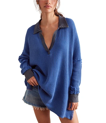 Free People We The Free Travis Polo Waffle Knit V-Neck Collar Neck Long Sleeve Top