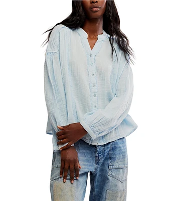 Free People We The Free Valley Double Cloth Banded V-Neck Long Sleeve Button Front Shirt