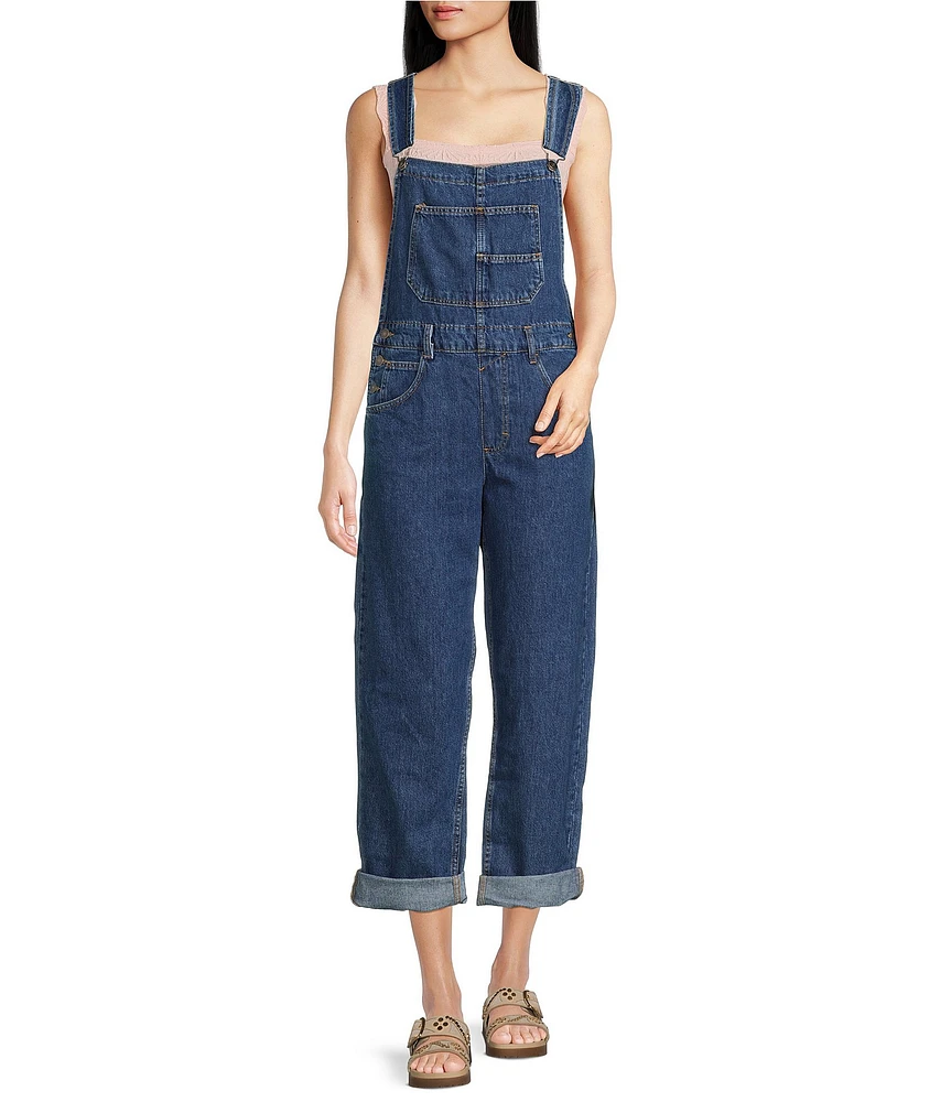 Free People Ziggy Square Neck Sleeveless Denim Cuffed Overalls