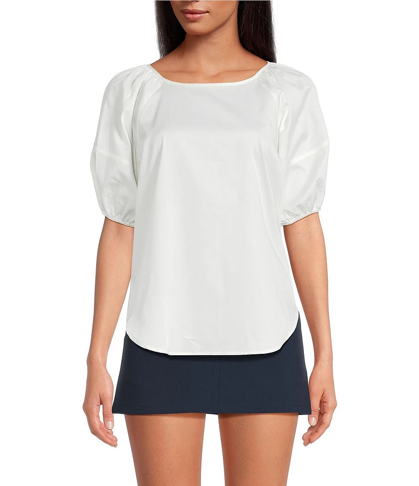 French Connection Alexis Poplin Round Neck Raglan Puff Sleeve Top