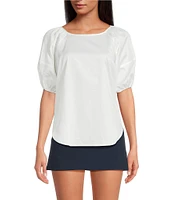 French Connection Alexis Poplin Round Neck Raglan Puff Sleeve Top