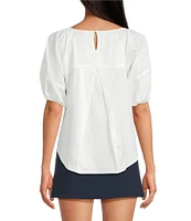 French Connection Alexis Poplin Round Neck Raglan Puff Sleeve Top