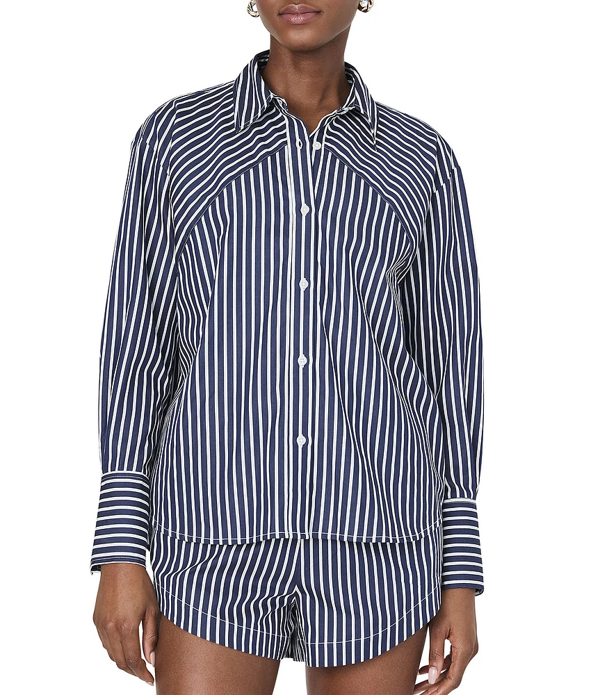 French Connection Alexis Stripe Poplin Angled Yoke Long Sleeve Oversized Shirt