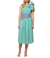 French Connection Alexis Stripe Print One Shoulder Sleeveless Midi Cotton Dress