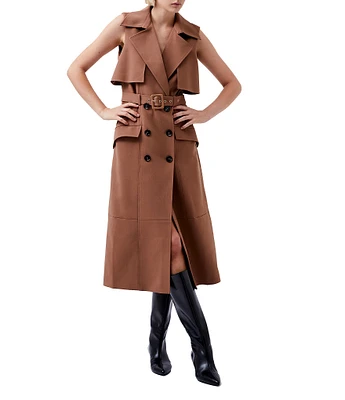 French Connection Azra Twill Notch Lapel Neck Sleeveless Button Front Belted Trench Coat