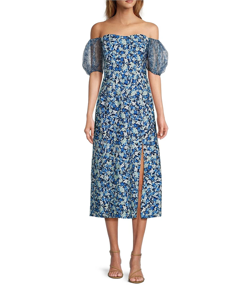 French Connection Clara Off-the-Shoulder Puff Sleeve Floral Midi Dress