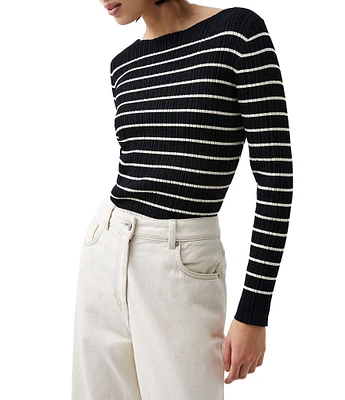 French Connection Crinkle Knit Stripe Boat Neck Long Sleeve Pullover Top