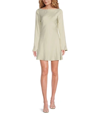 French Connection Ennis Satin Boat Neck Long Sleeve Mini Dress