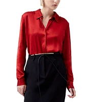 French Connection Ennis Satin Point Collar Neck Long Sleeve Button Front Top