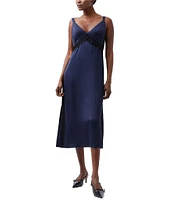 French Connection Ennis Satin V-Neck Sleeveless Lace Midi Dress