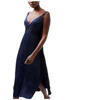 French Connection Ennis Satin V-Neck Sleeveless Lace Midi Dress