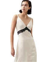 French Connection Ennis Satin V-Neck Sleeveless Lace Midi Dress