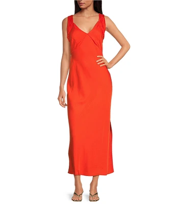 French Connection Ennis Satin V-Neck Wide Ruched Straps Sheath Maxi Dress