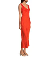 French Connection Ennis Satin V-Neck Wide Ruched Straps Sheath Maxi Dress
