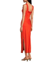 French Connection Ennis Satin V-Neck Wide Ruched Straps Sheath Maxi Dress